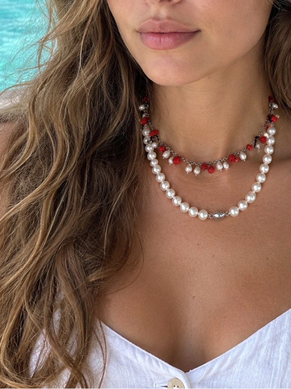 Fresh water Persls & Coral Necklace 925 clasp